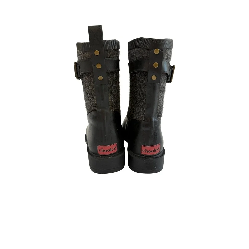 Chooka Herringbone  Rain Boots Womens 8 Black Gray Buckled Fabric Mid 1412603
